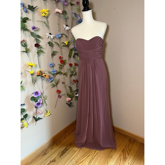 Mauve Long Strapless Chiffon Dress with pleated bodice - Picture 3 of 8